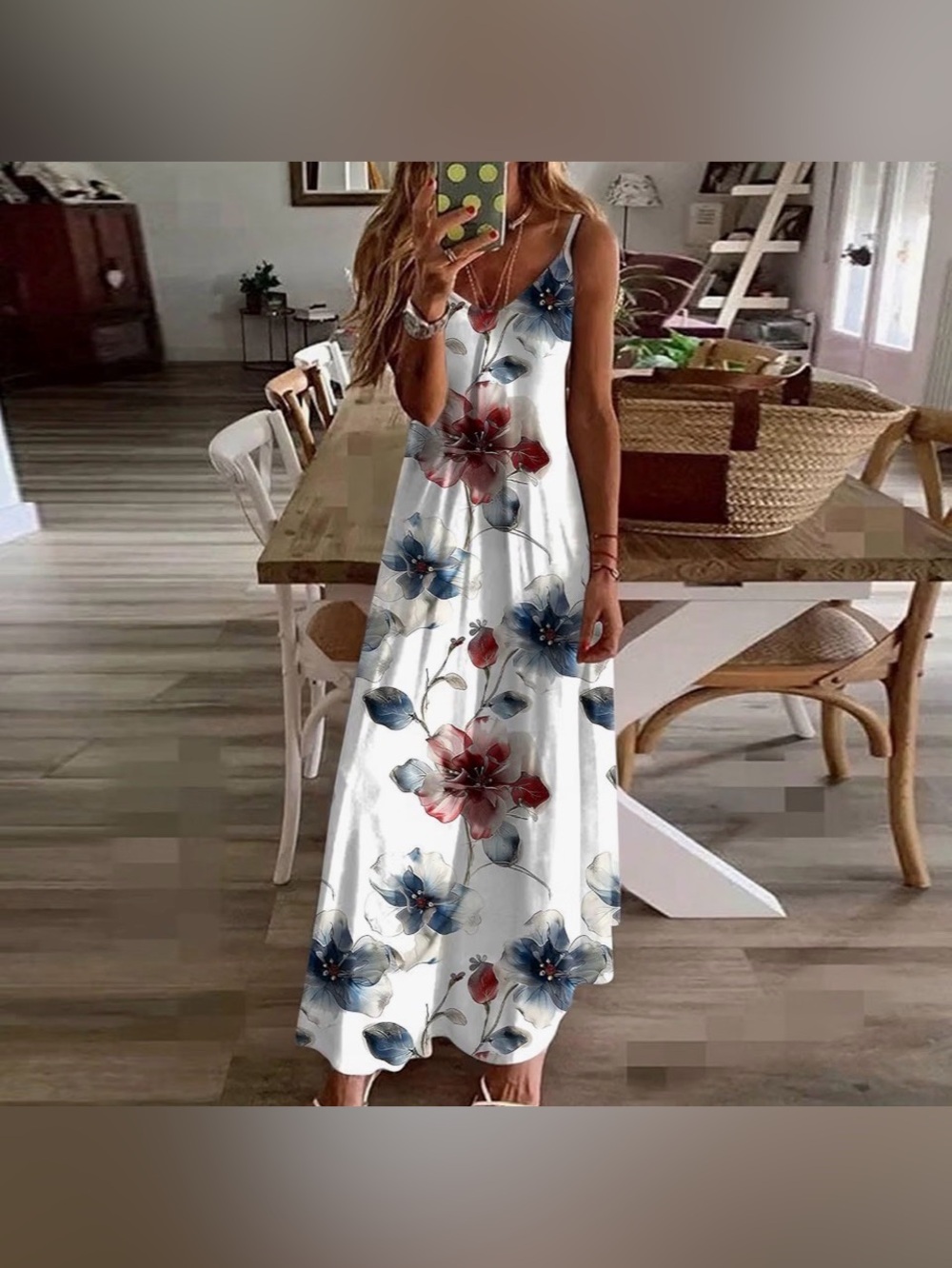 White Floral Maxi Dress with Blue & Red Blooms